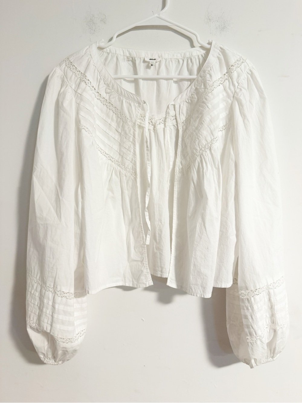 Aerie White Boho Peasant Top Large L Lace Trim Cotton Tie Blouse